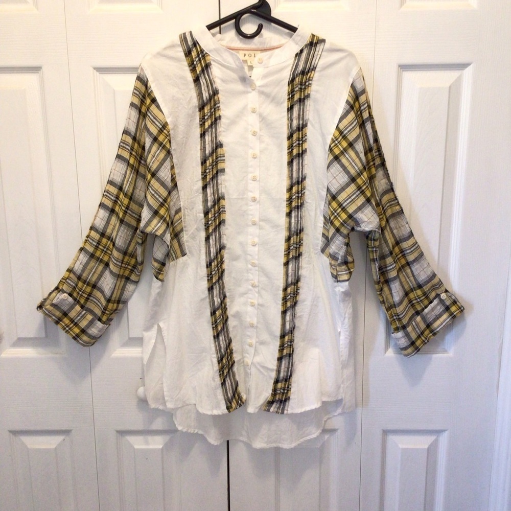 NWOT POL Womens Boho Yellow Plaid Crinkle Button Up Tunic Top Size Large